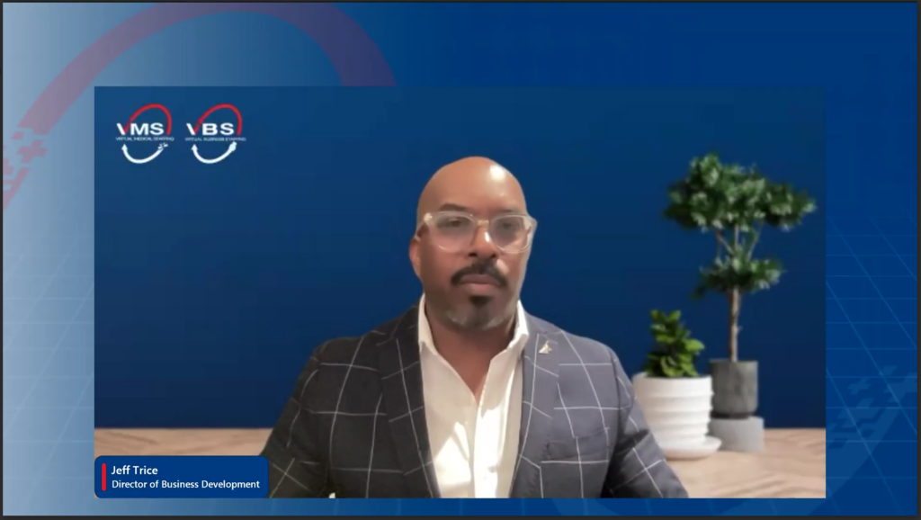 Jeff Trice, Director of Business Development at Virtual Business Staffing and Virtual Medical Staffing, presenting during a professional webinar. The virtual background features company logos, a sleek blue design, and an office setting with plants.