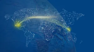 an image showing a world map with gold interconnecting across continent