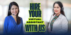 Smiling female virtual assistants wearing headsets, offering professional remote support services.