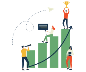 image of an animated people with bars and arrows that shows growth