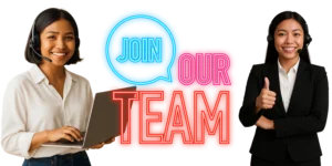 Smiling healthcare professionals wearing headsets with neon sign text “Join Our Team” – virtual medical assistant recruitment.