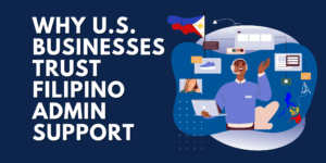 llustration of a Filipino virtual administrative assistant supporting U.S. businesses remotely, with icons for communication, tasks, and productivity.