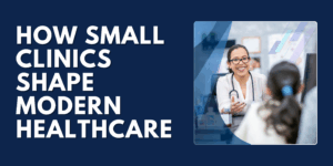 Smiling doctor talking with a patient in a small clinic, representing personalized healthcare and patient-centered care.