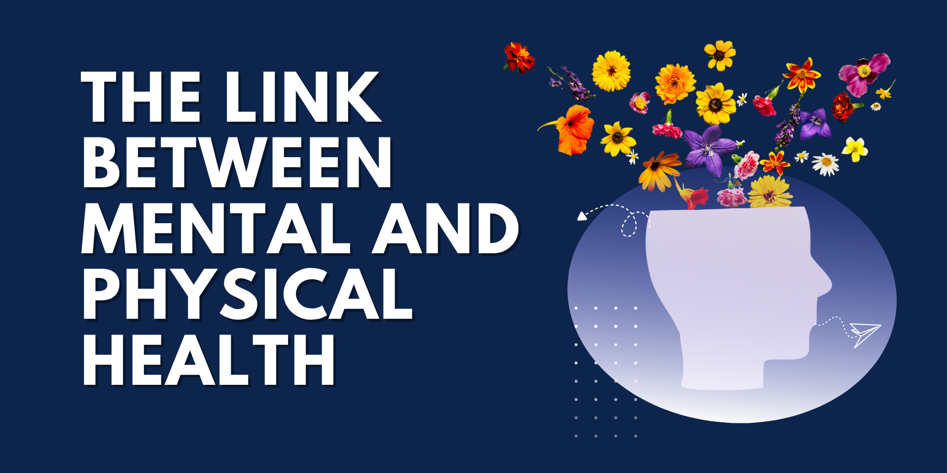 Illustration showing the connection between mental and physical health with flowers emerging from a human head silhouette.