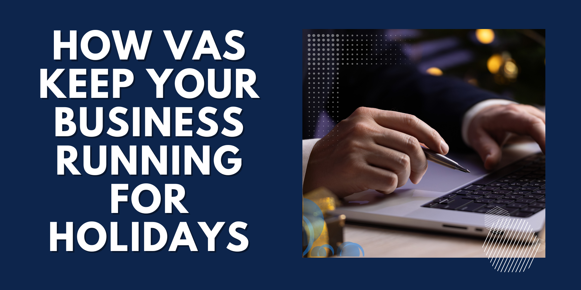 Professional writing notes while working on laptop with holiday lights in background representing virtual assistant services