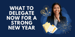 Professional virtual assistant wearing headset with business documents and New Year fireworks on navy blue background for year-end delegation planning