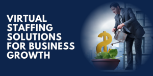 Business professional watering golden dollar sign plant symbolizing business growth through virtual staffing solutions investment